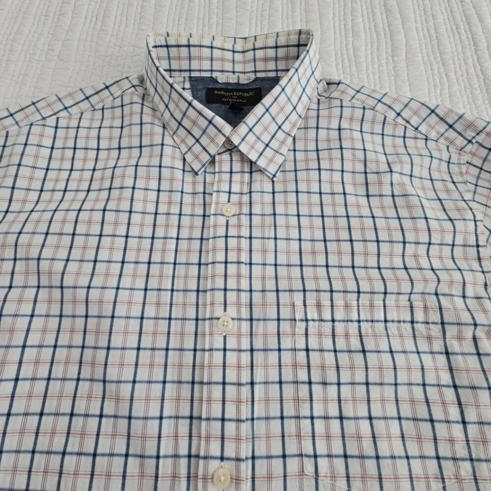 Banana Republic Shirt Men's XL Red White Blue Windowpane‎ Soft Wash Slim Fit EUC